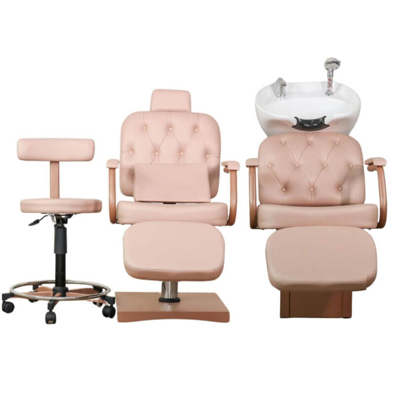 Kit Salão Rose - Cadeira Reclinável e Lavatório e Mocho